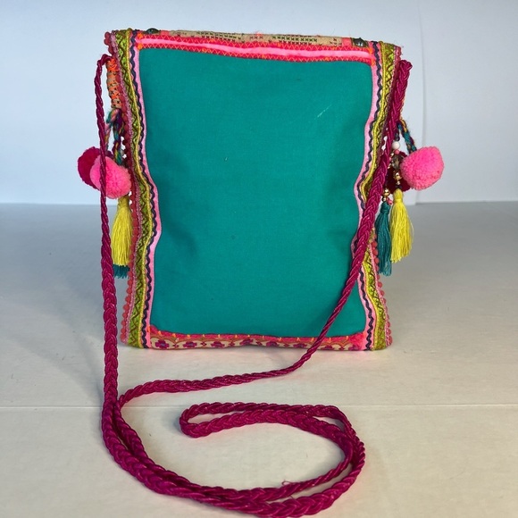 Curations Embroidered Embellished Crossbody Boho Tassel Pom Pom Bag Made India - Picture 3 of 10
